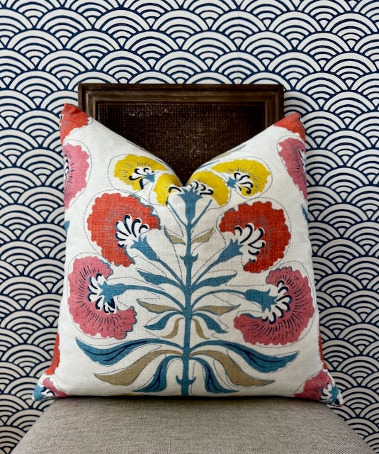 Thibaut Tybee Tree Pillow in Coral and Yellow. Designer Botanical Pillows, Euro Sham Covers 26"X26", Floral Pillow Blue Red, High End Pillow