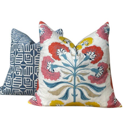 Thibaut Tybee Tree Pillow in Coral and Yellow. Designer Botanical Pillows, Euro Sham Covers 26"X26", Floral Pillow Blue Red, High End Pillow