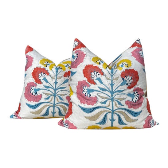 Thibaut Tybee Tree Pillow in Coral and Yellow. Designer Botanical Pillows, Euro Sham Covers 26"X26", Floral Pillow Blue Red, High End Pillow