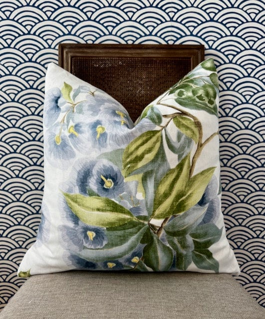 Camellia Garden Pillow in Sky Blue. Designer Pillows High End Pillows, Aqua Blue Floral Pillows, Linen Pillow Cover, Floral Bedroom Decor
