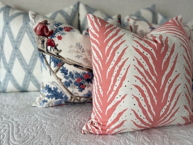 Schumacher Creeping Fern Pillow Coral. High End Pillows, Striped Lumbar Pillow in Coral, Designer Modern Throw Cushion, Euro Sham 26x26