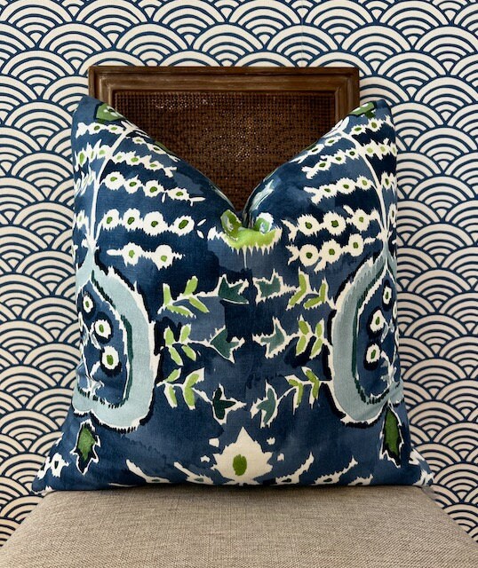 Thibaut Mendoza Suzani in Blue and Green. High End Pillow Covers, Designer Navy Pillows, Medalion Euro Sham Covers, Lumbar Pillows Blue