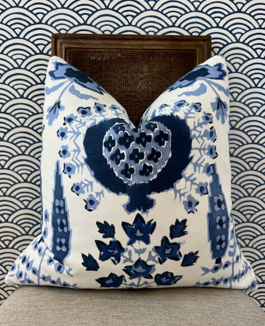 Thibaut Mendoza Suzani in Blue and White. High End Pillow Covers, Designer Navy Pillows, Medalion Euro Sham Covers, Lumbar Pillows Blue