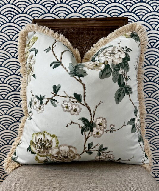 Schumacher Betty Chintz Pillow in Celadon Embellished with Beige Brush Trim. Decorative High End Pillows, Designer Floral Pillow Covers