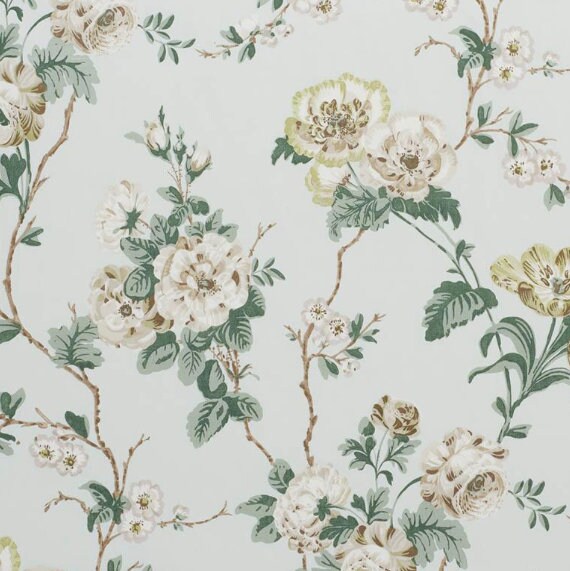 Schumacher Betty Chintz Pillow in Celadon Embellished with Beige Brush Trim. Decorative High End Pillows, Designer Floral Pillow Covers