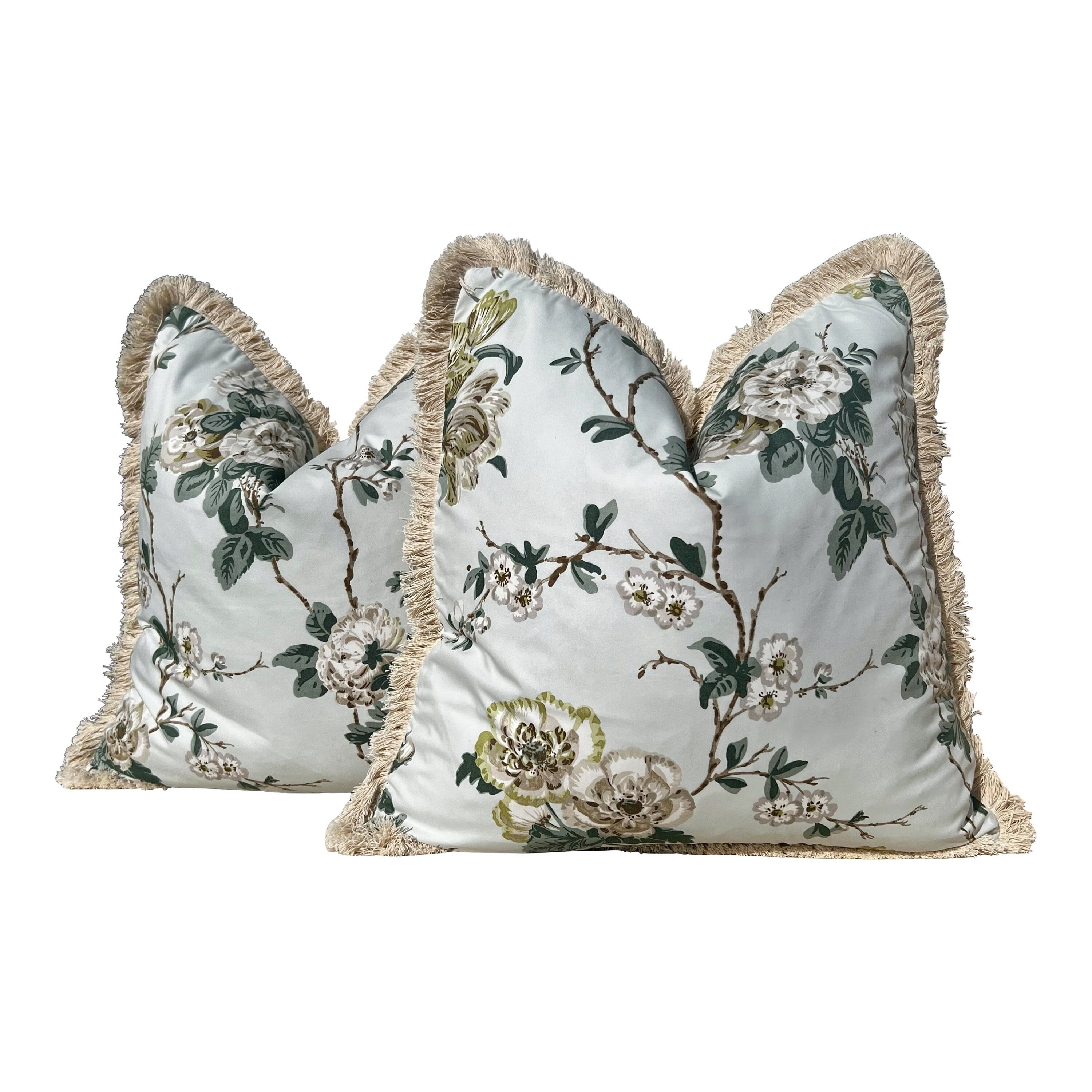 Schumacher Betty Chintz Pillow in Celadon Embellished with Beige Brush Trim. Decorative High End Pillows, Designer Floral Pillow Covers