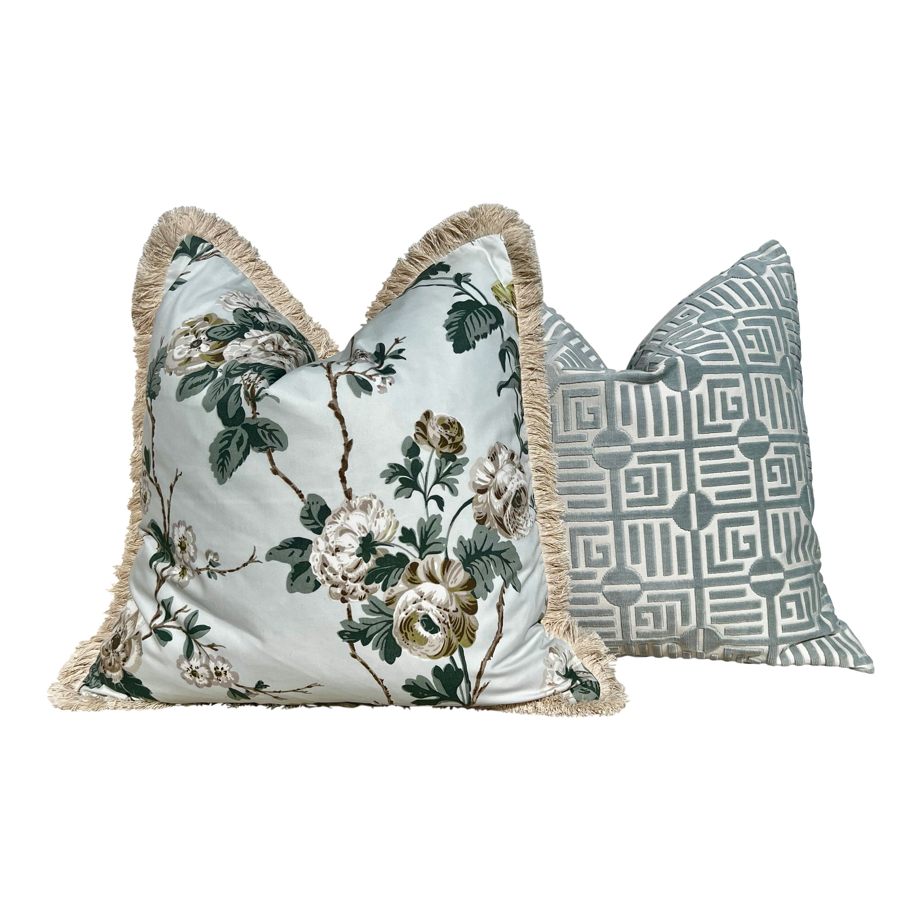 Schumacher Betty Chintz Pillow in Celadon Embellished with Beige Brush Trim. Decorative High End Pillows, Designer Floral Pillow Covers