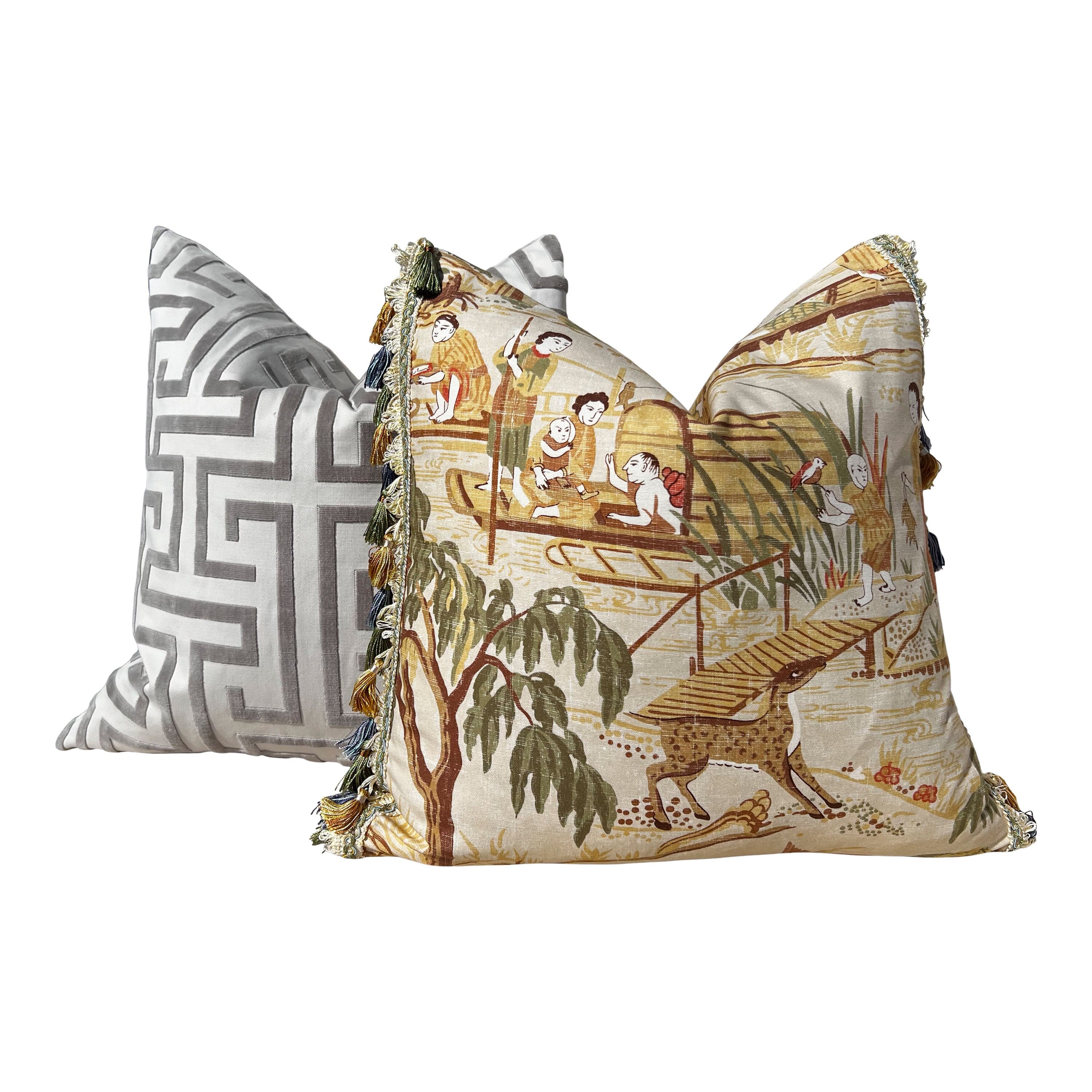 Thibaut Fishing Village Pillow in Beige with Tassel Trim, Chinoiserie Pillow Cover, Beige Green Decorative Pillows, Euro Sham Cover