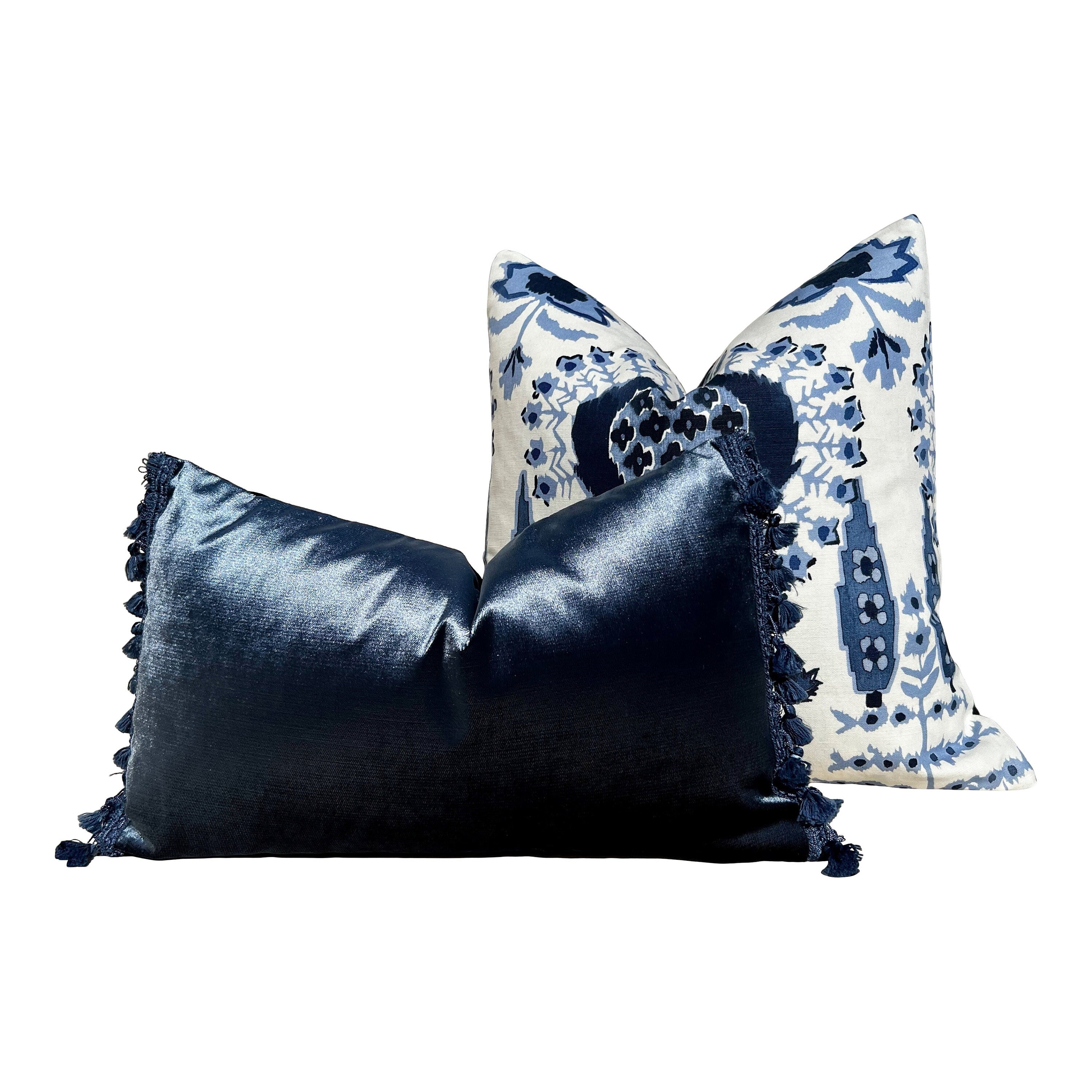 Thibaut Mendoza Suzani in Blue and White. High End Pillow Covers, Designer Navy Pillows, Medalion Euro Sham Covers, Lumbar Pillows Blue