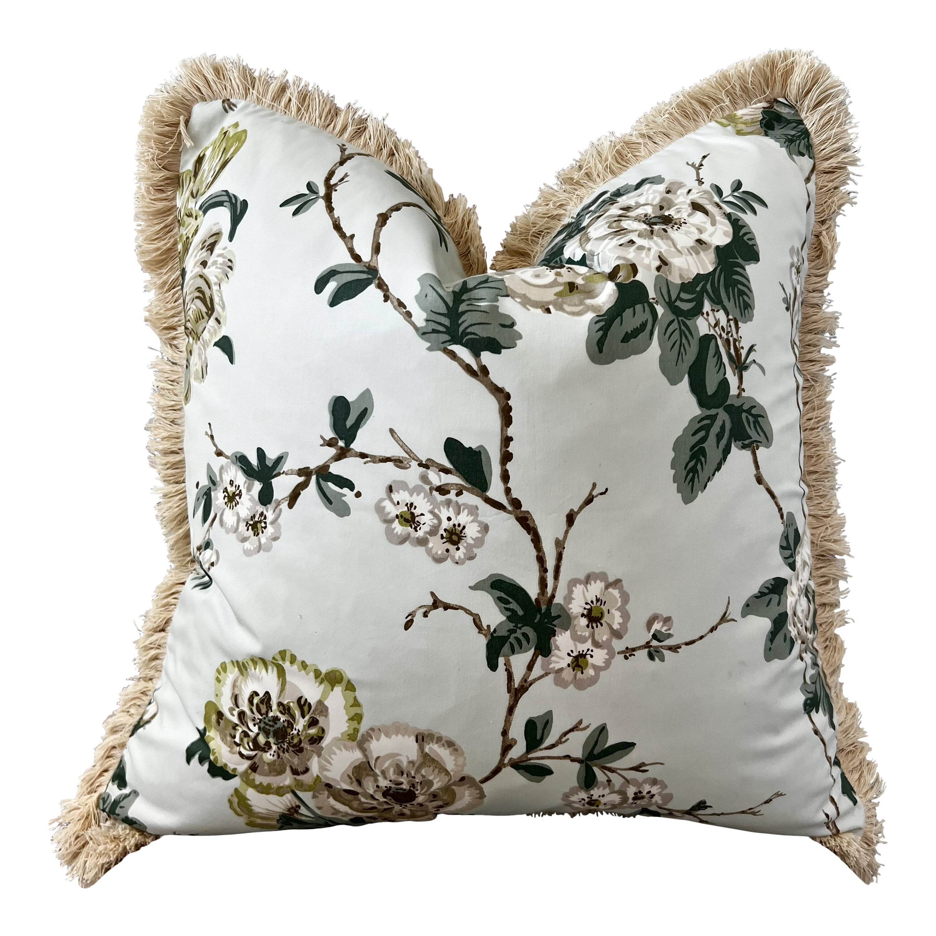 Schumacher Betty Chintz Pillow in Celadon Embellished with Beige Brush Trim. Decorative High End Pillows, Designer Floral Pillow Covers