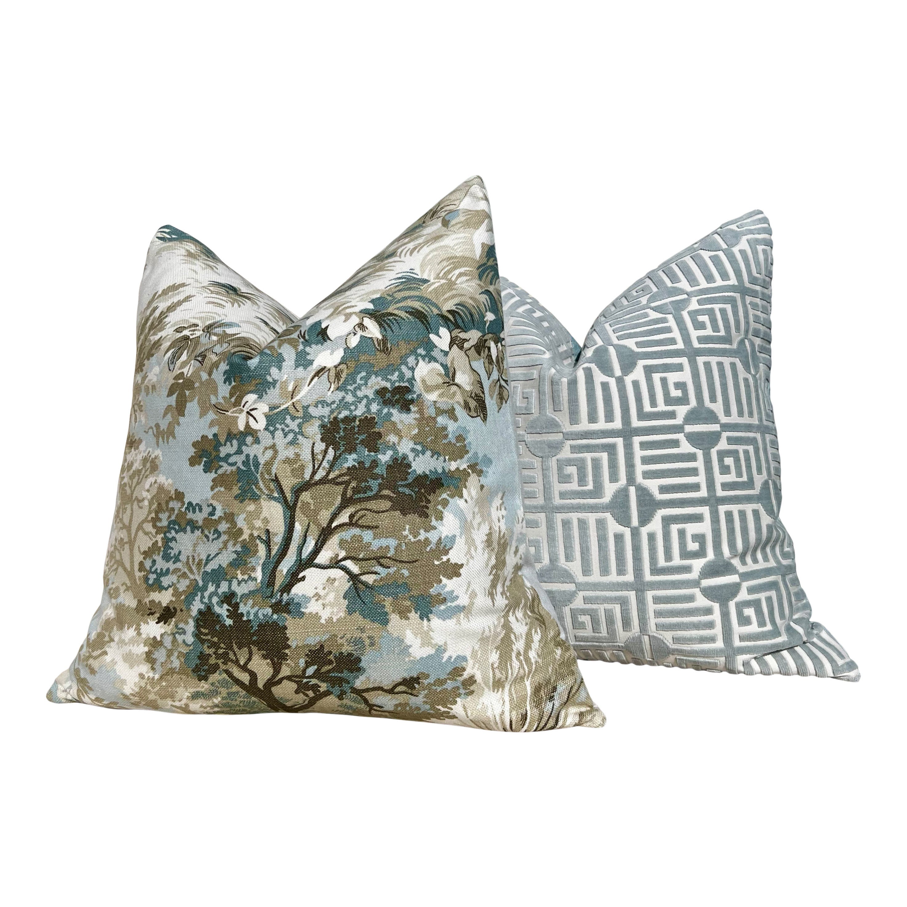 Lincoln Pillow in Beige and Spa Blue. Designer Pillows, High End Botanical Pillow Covers, Accent Aqua Blue Pillow Case, Euro Sham Pillow