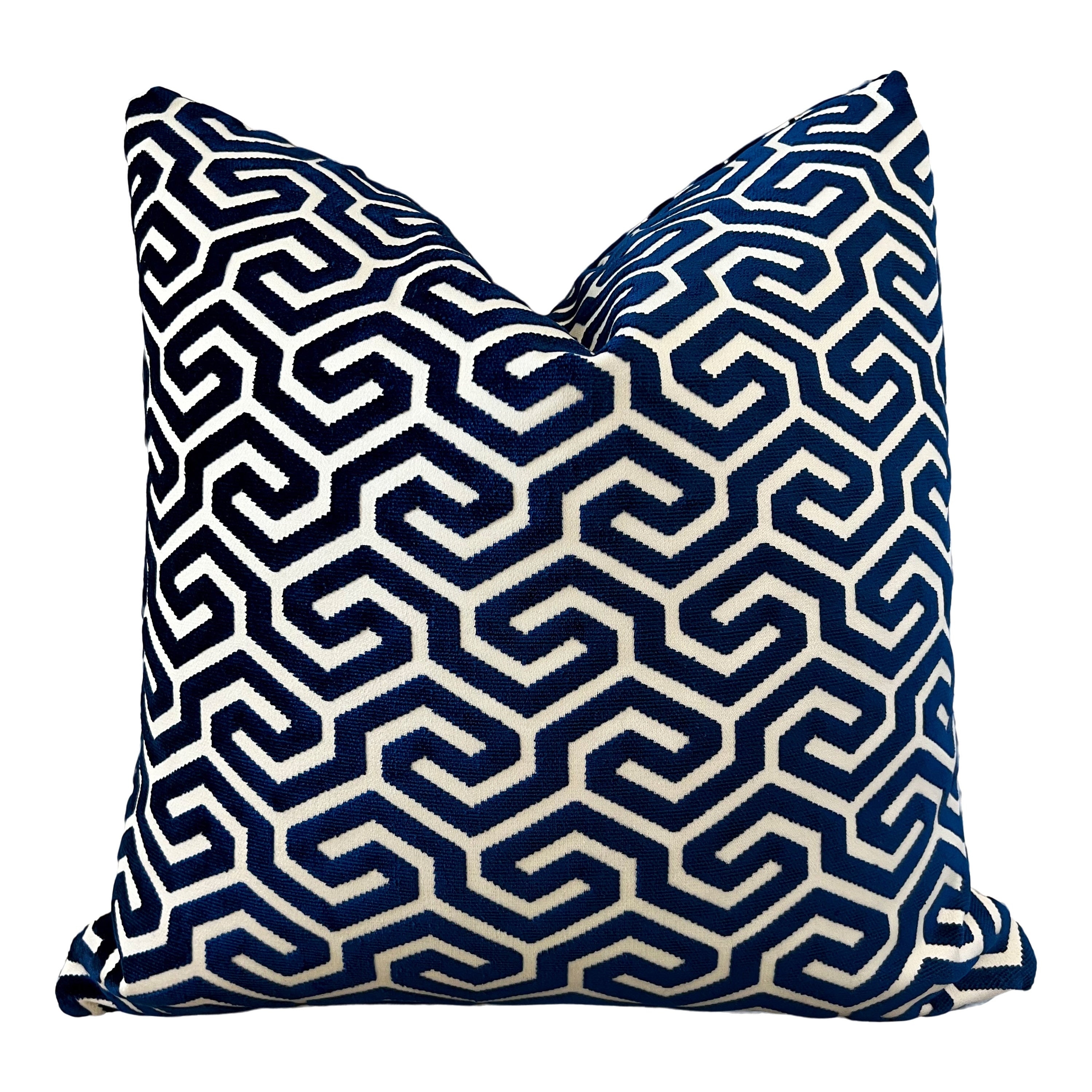 Schumacher Ming Fret Velvet Pillow in Navy Blue. Velvet Lumbar Pillow, Designer Pillows, Chinoiserie Pillow, Maze Velvet Pillow Covers