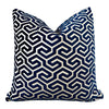 Load image into Gallery viewer, Schumacher Ming Fret Velvet Pillow in Navy Blue. Velvet Lumbar Pillow, Designer Pillows, Chinoiserie Pillow, Maze Velvet Pillow Covers