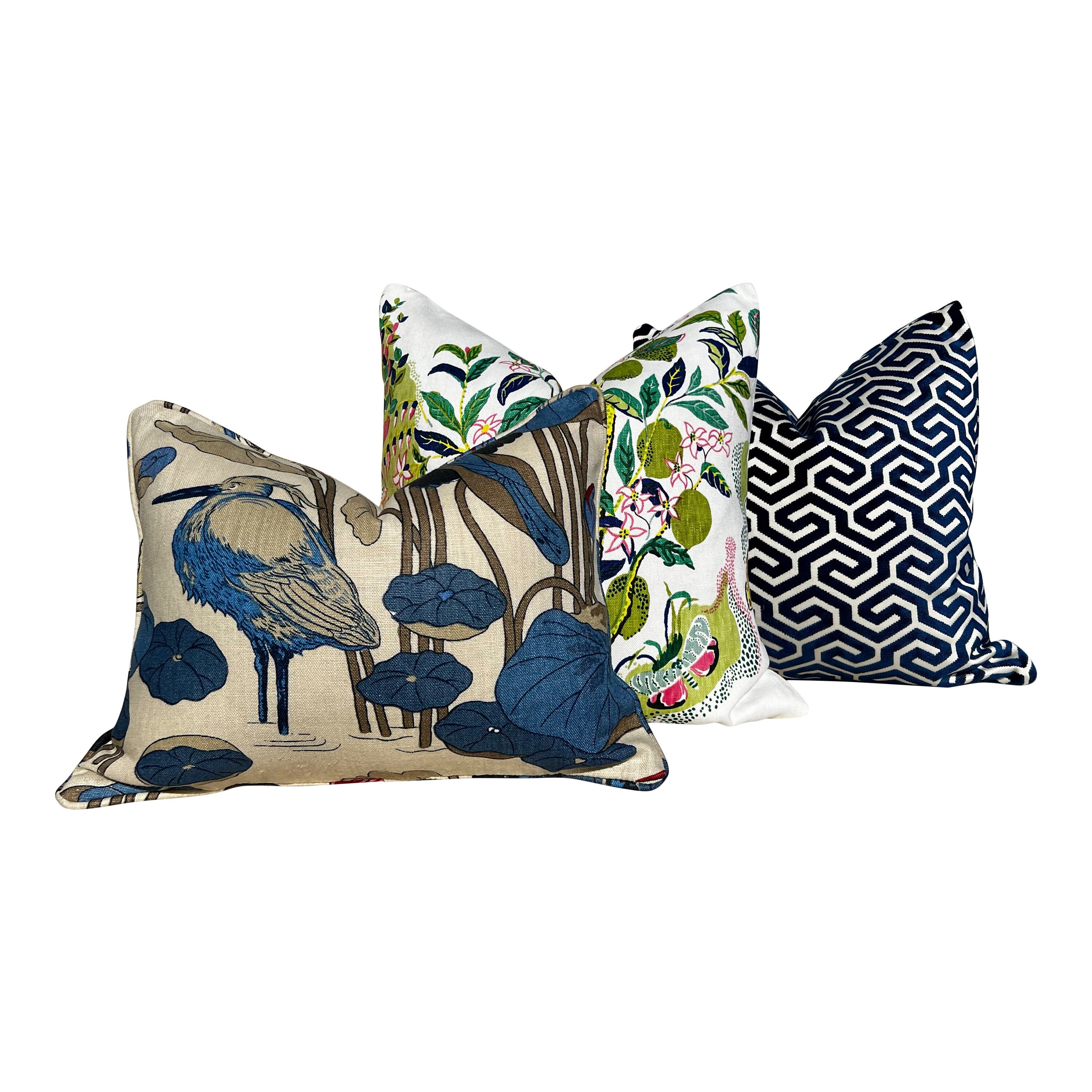 Schumacher Ming Fret Velvet Pillow in Navy Blue. Velvet Lumbar Pillow, Designer Pillows, Chinoiserie Pillow, Maze Velvet Pillow Covers