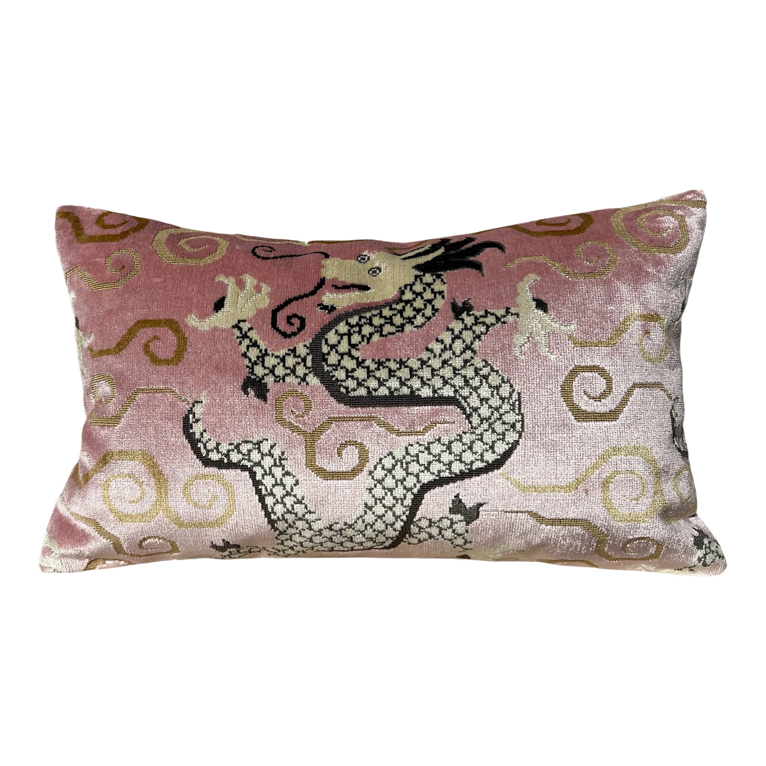 Schumacher Bixi Velvet Pillow in Rose Quartz. Dragon Velvet Pillows, Accent Decorative Pillow Cover, Chinoiserie Long Lumbar Pillow in Blush