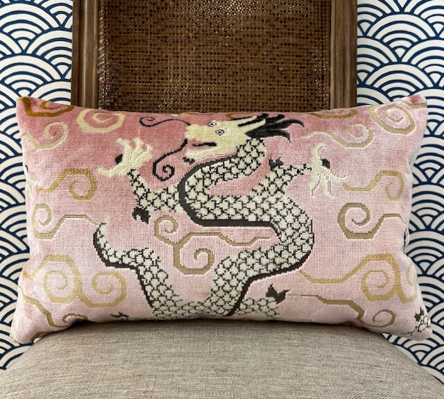 Schumacher Bixi Velvet Pillow in Rose Quartz. Dragon Velvet Pillows, Accent Decorative Pillow Cover, Chinoiserie Long Lumbar Pillow in Blush