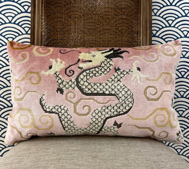 Schumacher Bixi Velvet Pillow in Rose Quartz. Dragon Velvet Pillows, Accent Decorative Pillow Cover, Chinoiserie Long Lumbar Pillow in Blush