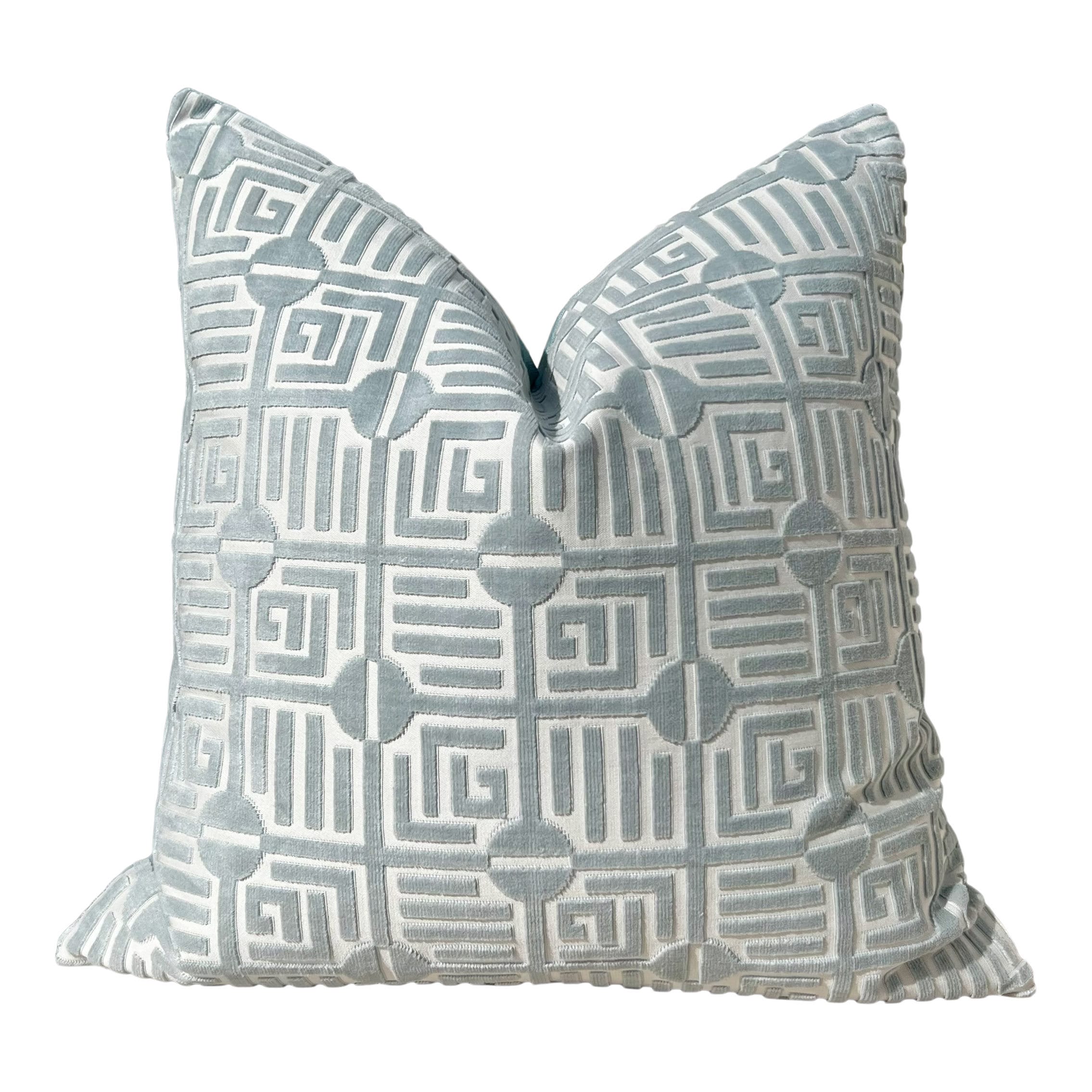 Thibaut Labyrinth Velvet Pillow in Mist. High End Pillows, Designer Raised Velvet Pillows, Geometric Velvet Pillows in Aqua, Euro Sham Cover