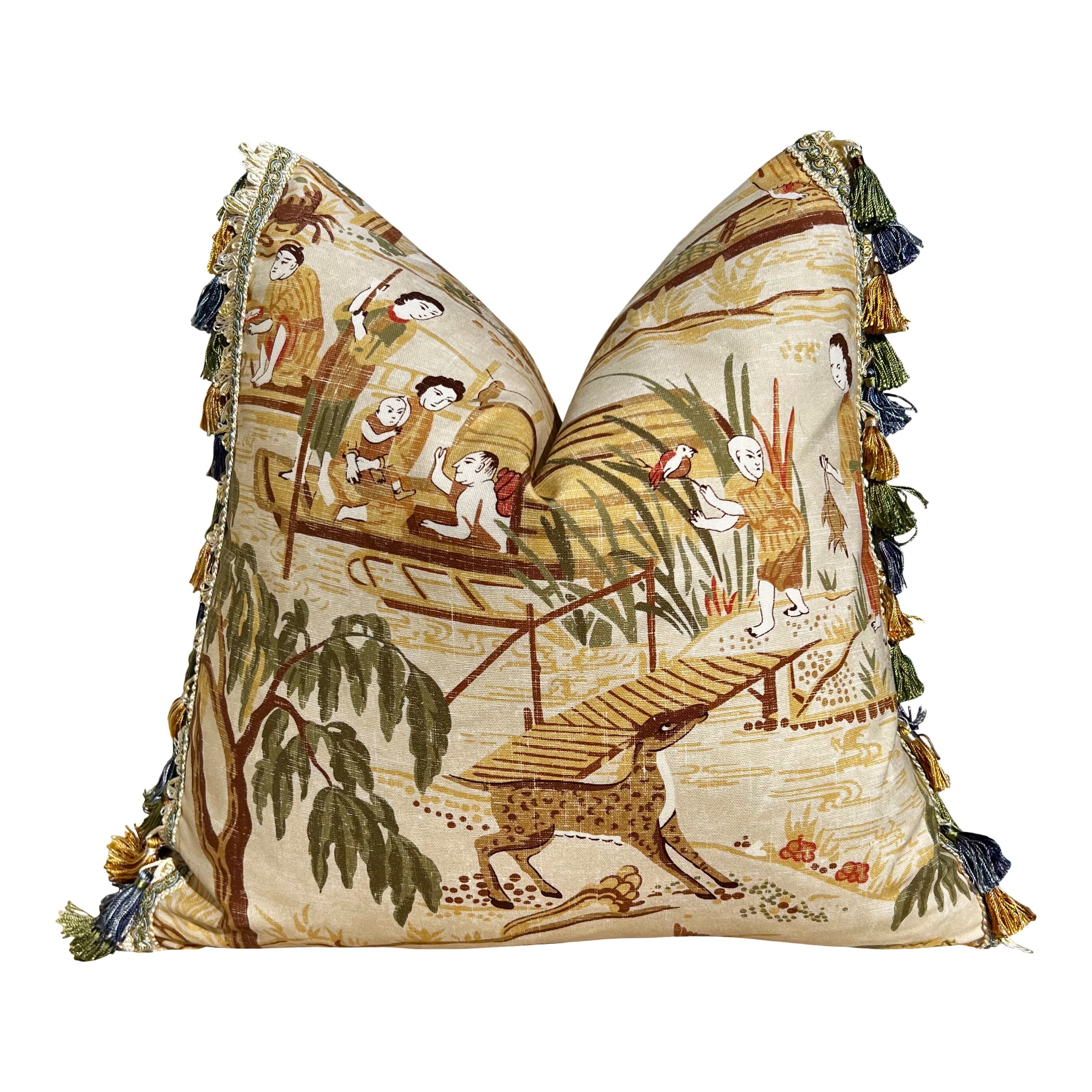 Thibaut Fishing Village Pillow in Beige with Tassel Trim, Chinoiserie Pillow Cover, Beige Green Decorative Pillows, Euro Sham Cover
