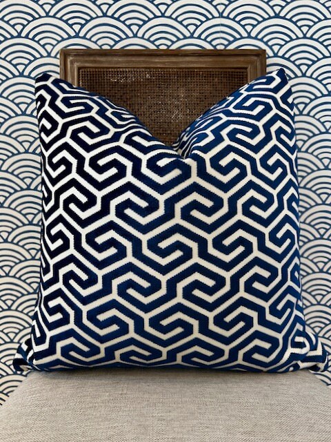 Schumacher Ming Fret Velvet Pillow in Navy Blue. Velvet Lumbar Pillow, Designer Pillows, Chinoiserie Pillow, Maze Velvet Pillow Covers