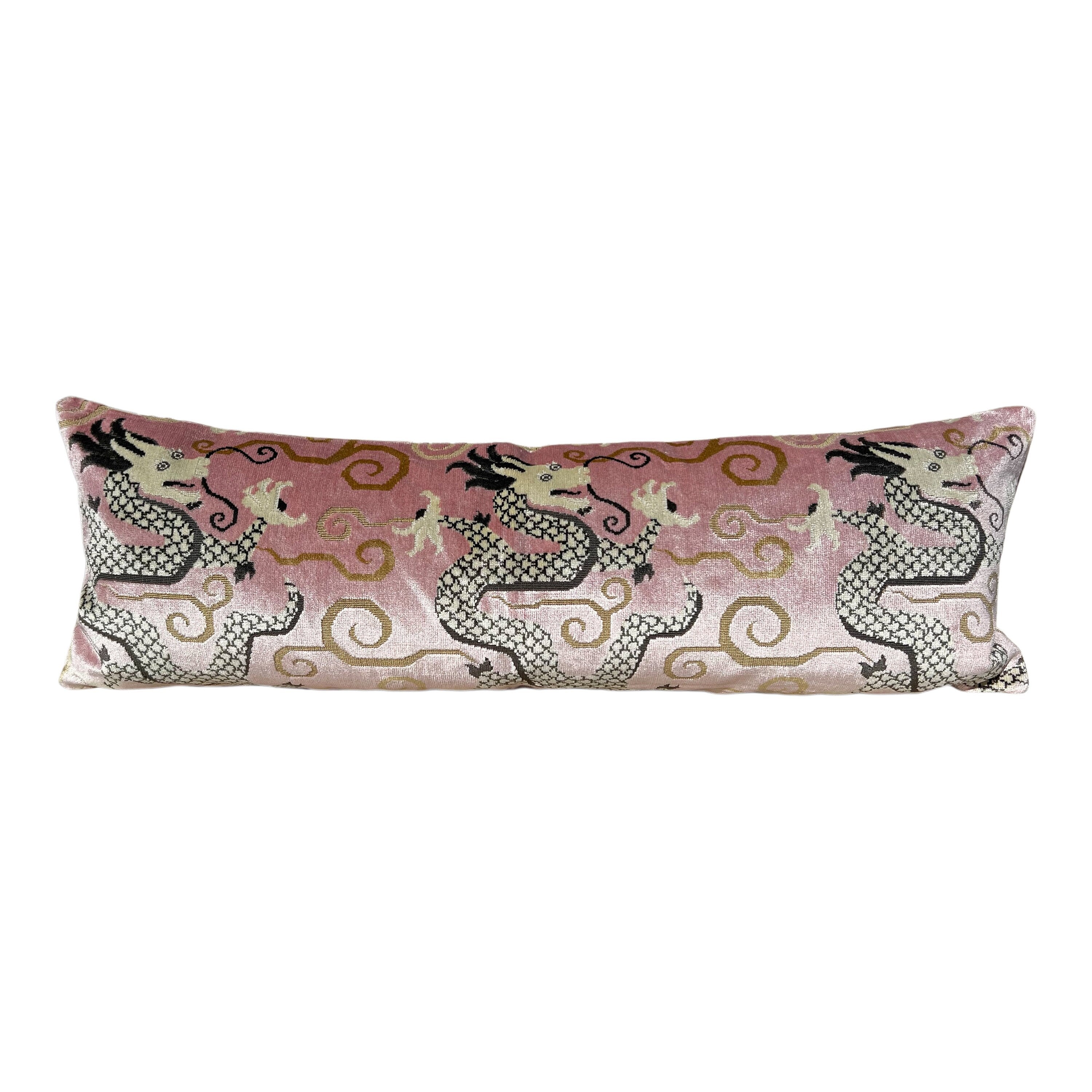 Schumacher Bixi Velvet Pillow in Rose Quartz. Dragon Velvet Pillows, Accent Decorative Pillow Cover, Chinoiserie Long Lumbar Pillow in Blush