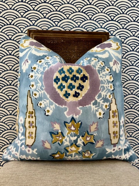 Thibaut Mendoza Suzani French Blue and Lavender. High End Pillow Covers, Designer Navy Pillow, Medallion Euro Sham Covers, Lumbar Pillows