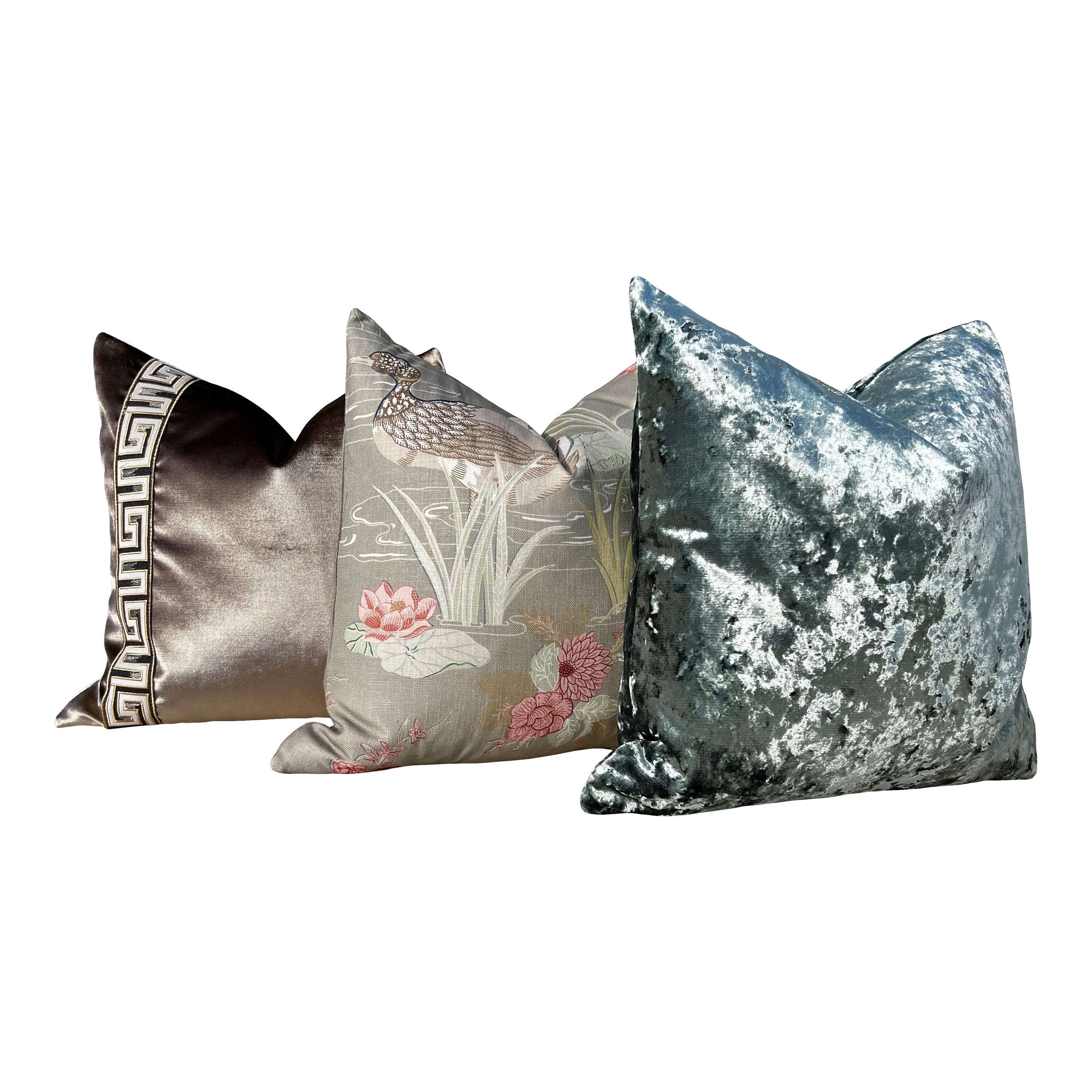 Lee Jofa Luzon Pillow in Fawn. Linen Taupe Pillow Designer Exotic Bird Pillows, Luxury Botanical Pillow, euro Sham Linen Cover 26x26 Coral