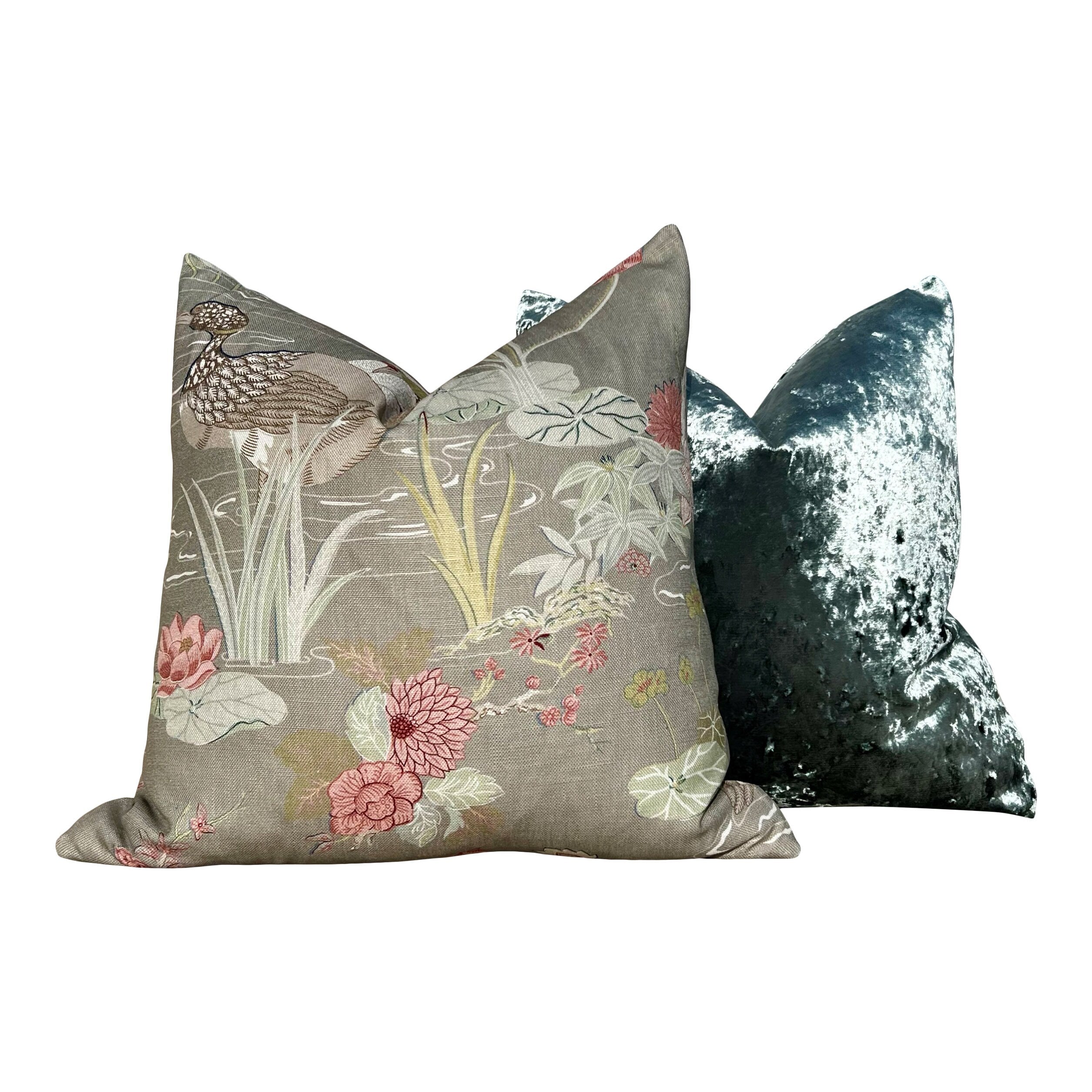 Lee Jofa Luzon Pillow in Fawn. Linen Taupe Pillow Designer Exotic Bird Pillows, Luxury Botanical Pillow, euro Sham Linen Cover 26x26 Coral