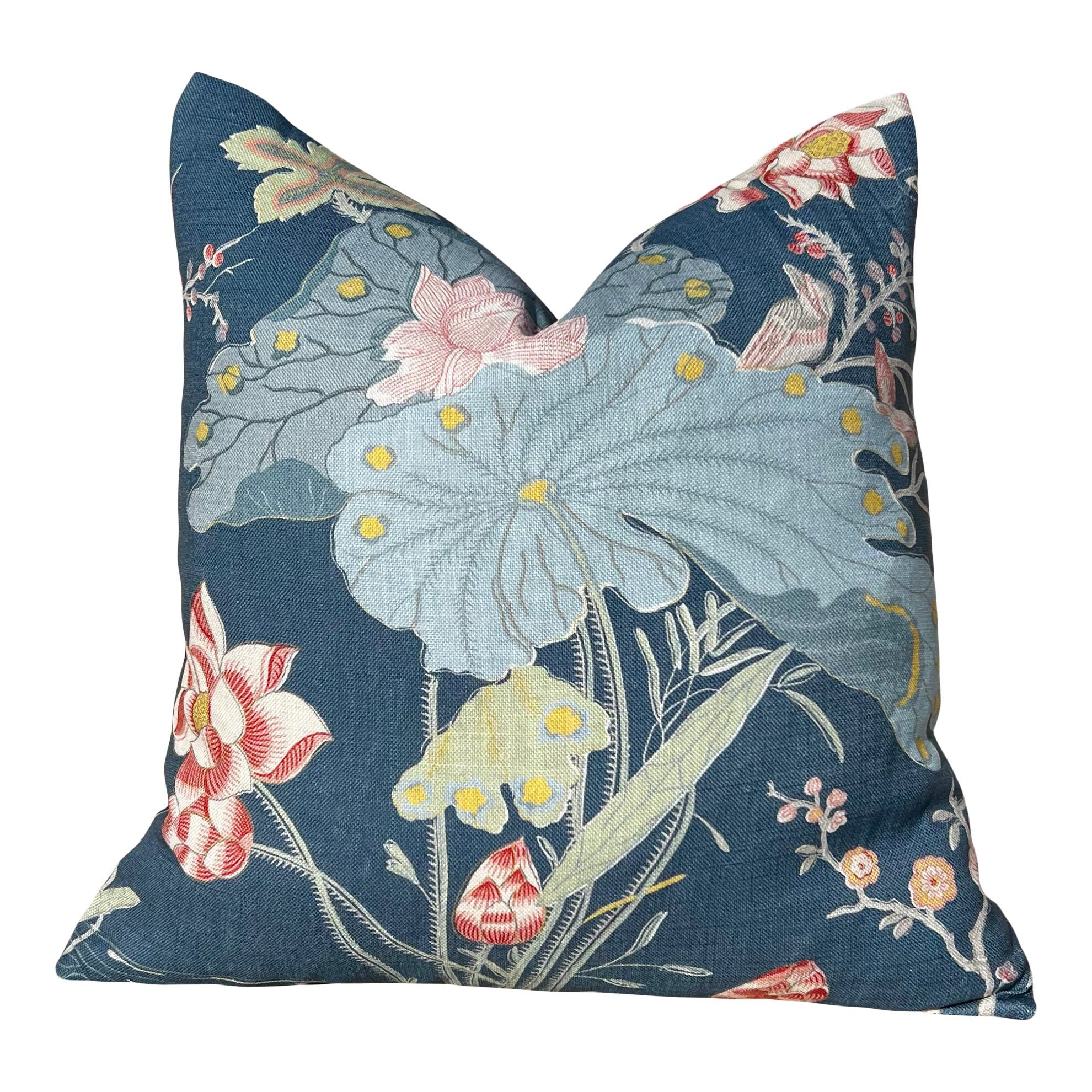 Lee Jofa Luzon Pillow in Sapphire. Linen Blue Pillows, Designer Exotic Bird Pillows Luxury Botanical Pillow High End Blue, Coral, Euro Sham