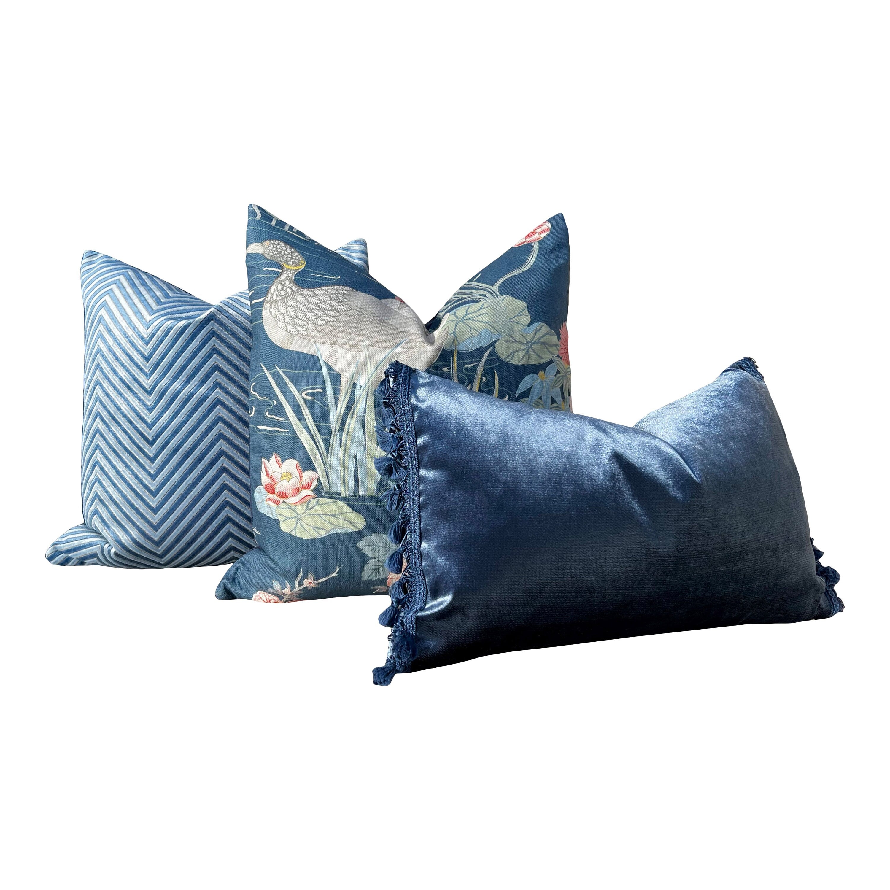 Lee Jofa Luzon Pillow in Sapphire. Linen Blue Pillows, Designer Exotic Bird Pillows Luxury Botanical Pillow High End Blue, Coral, Euro Sham