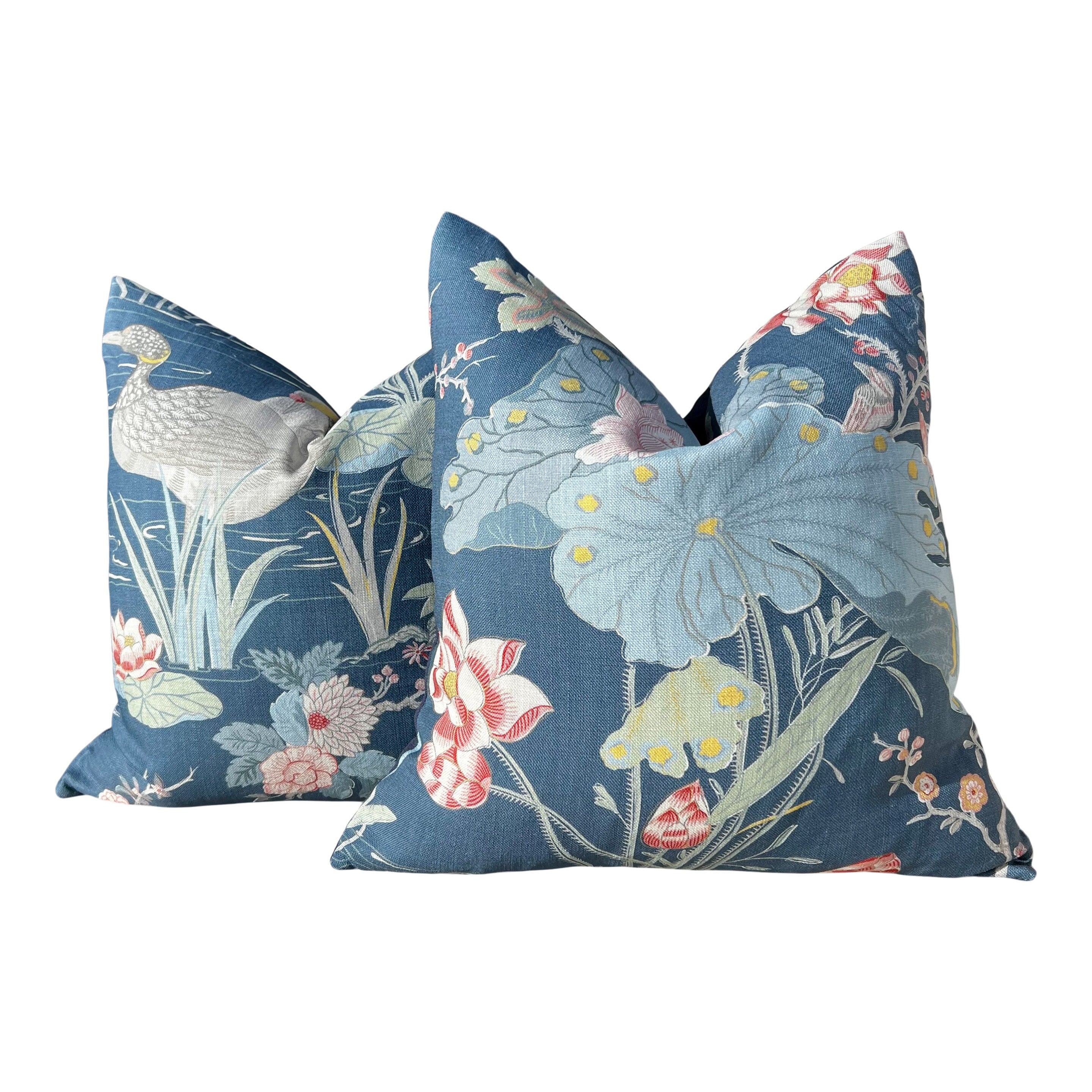 Lee Jofa Luzon Pillow in Sapphire. Linen Blue Pillows, Designer Exotic Bird Pillows Luxury Botanical Pillow High End Blue, Coral, Euro Sham