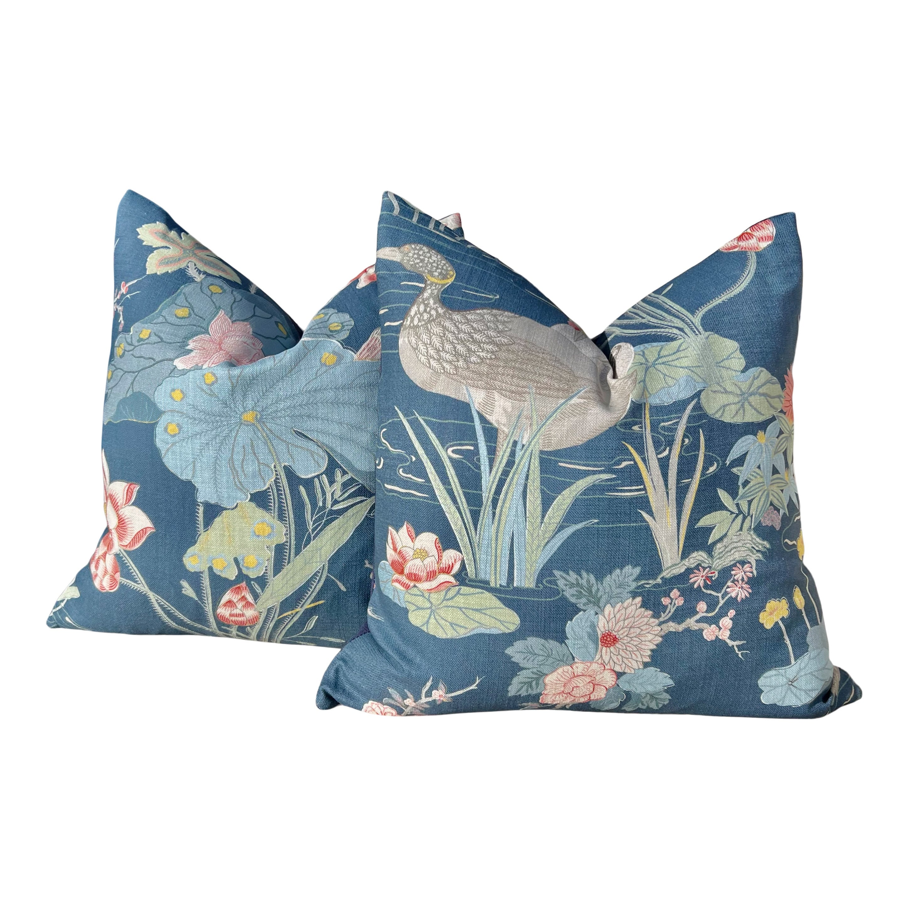 Lee Jofa Luzon Pillow in Sapphire. Linen Blue Pillow Designer Exotic Bird Pillows, Luxury Botanical Pillow, euro Sham Linen Cover 26x26