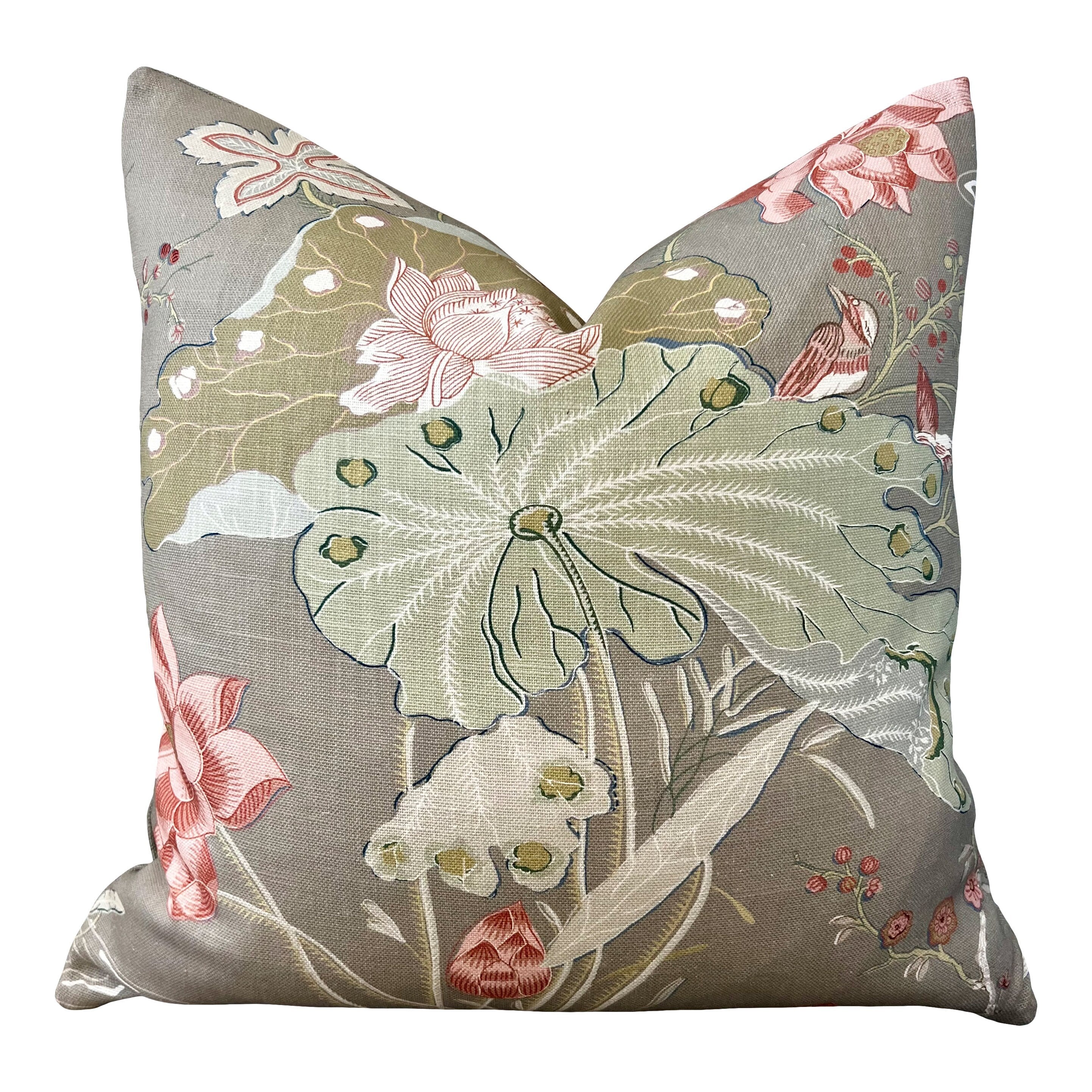 Lee Jofa Luzon Pillow in Fawn. Linen Taupe Pillows Designer Exotic Floral Pillows Luxury Botanical Pillow High End Aqua Green Coral Cushion