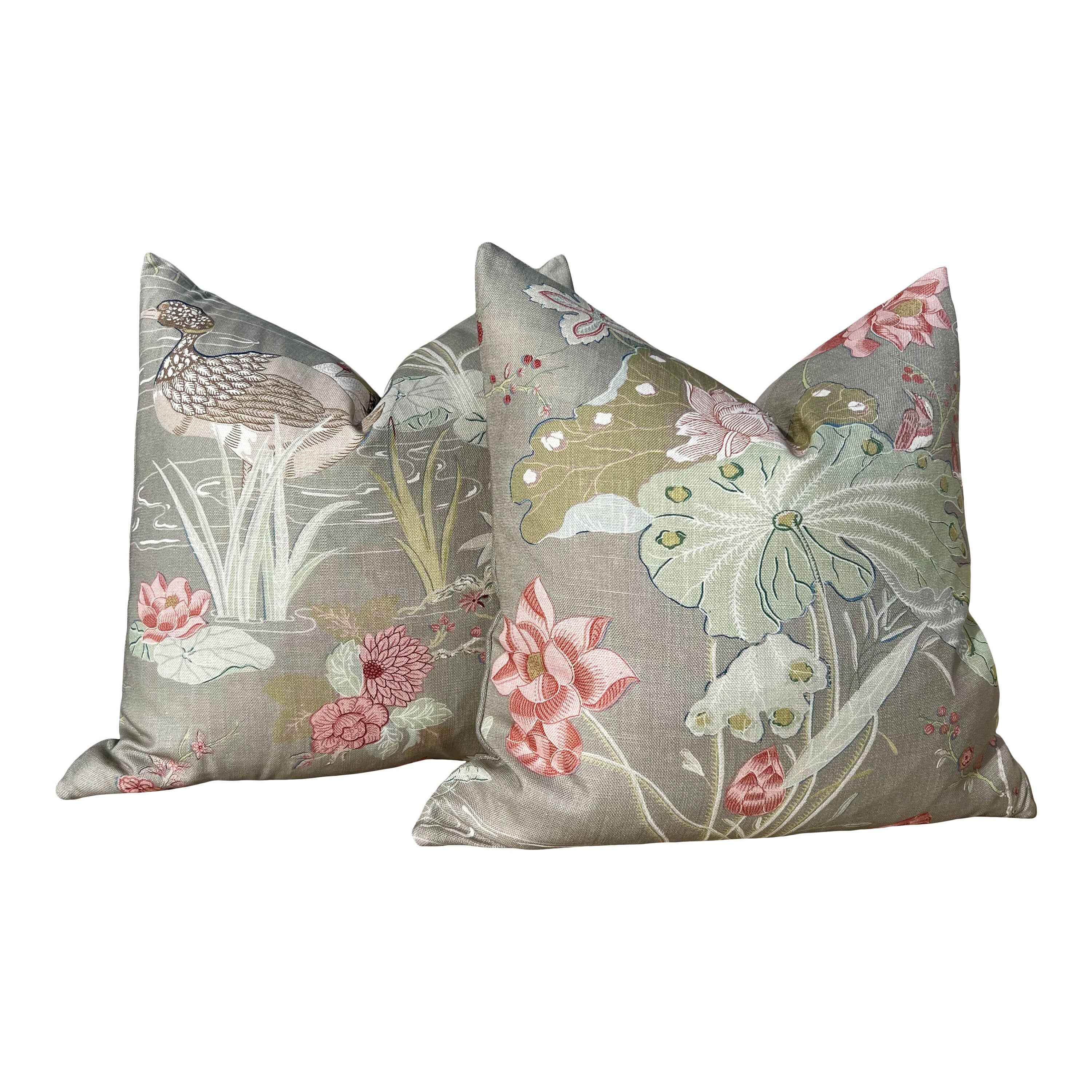 Lee Jofa Luzon Pillow in Fawn. Linen Taupe Pillows Designer Exotic Floral Pillows Luxury Botanical Pillow High End Aqua Green Coral Cushion