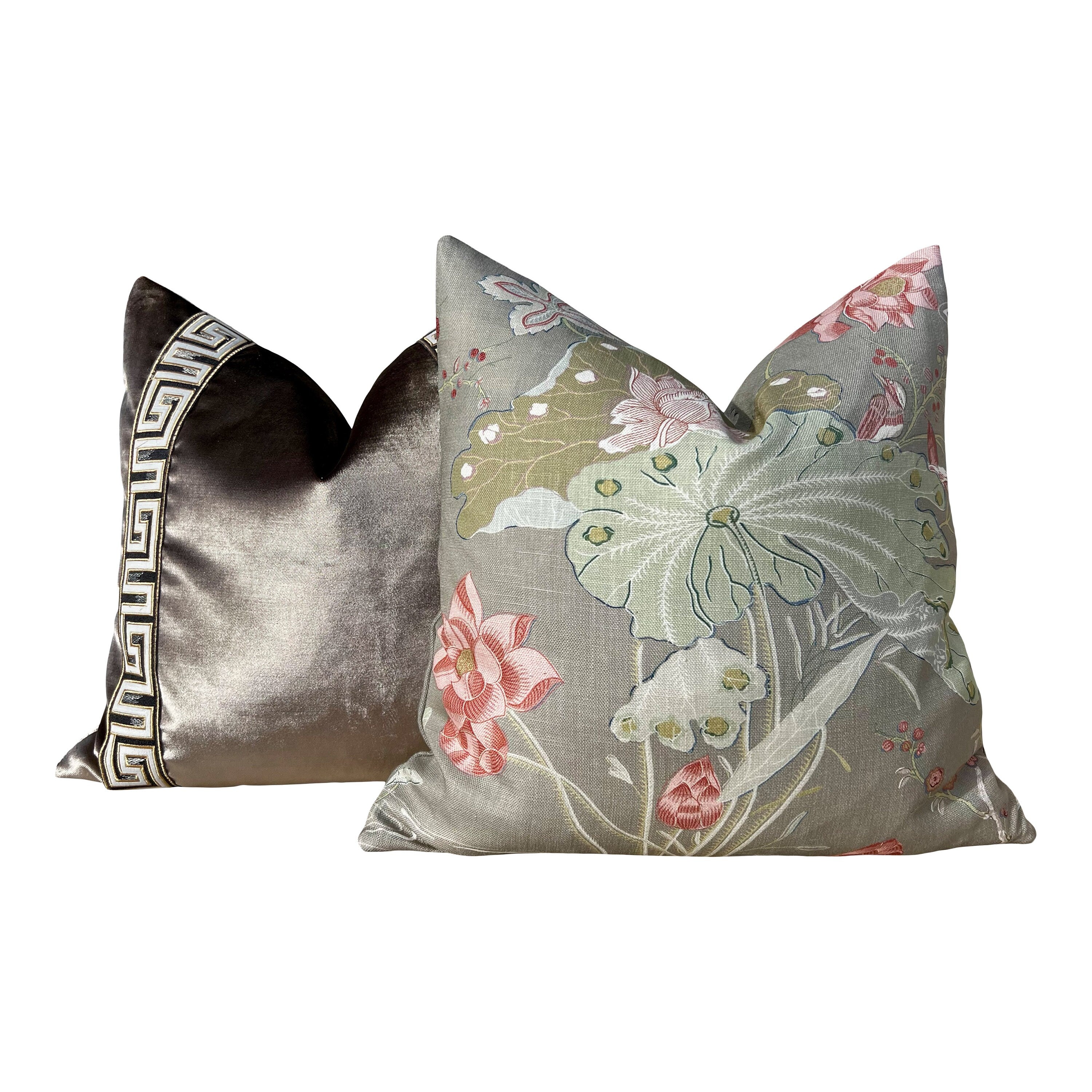 Lee Jofa Luzon Pillow in Fawn. Linen Taupe Pillows Designer Exotic Floral Pillows Luxury Botanical Pillow High End Aqua Green Coral Cushion