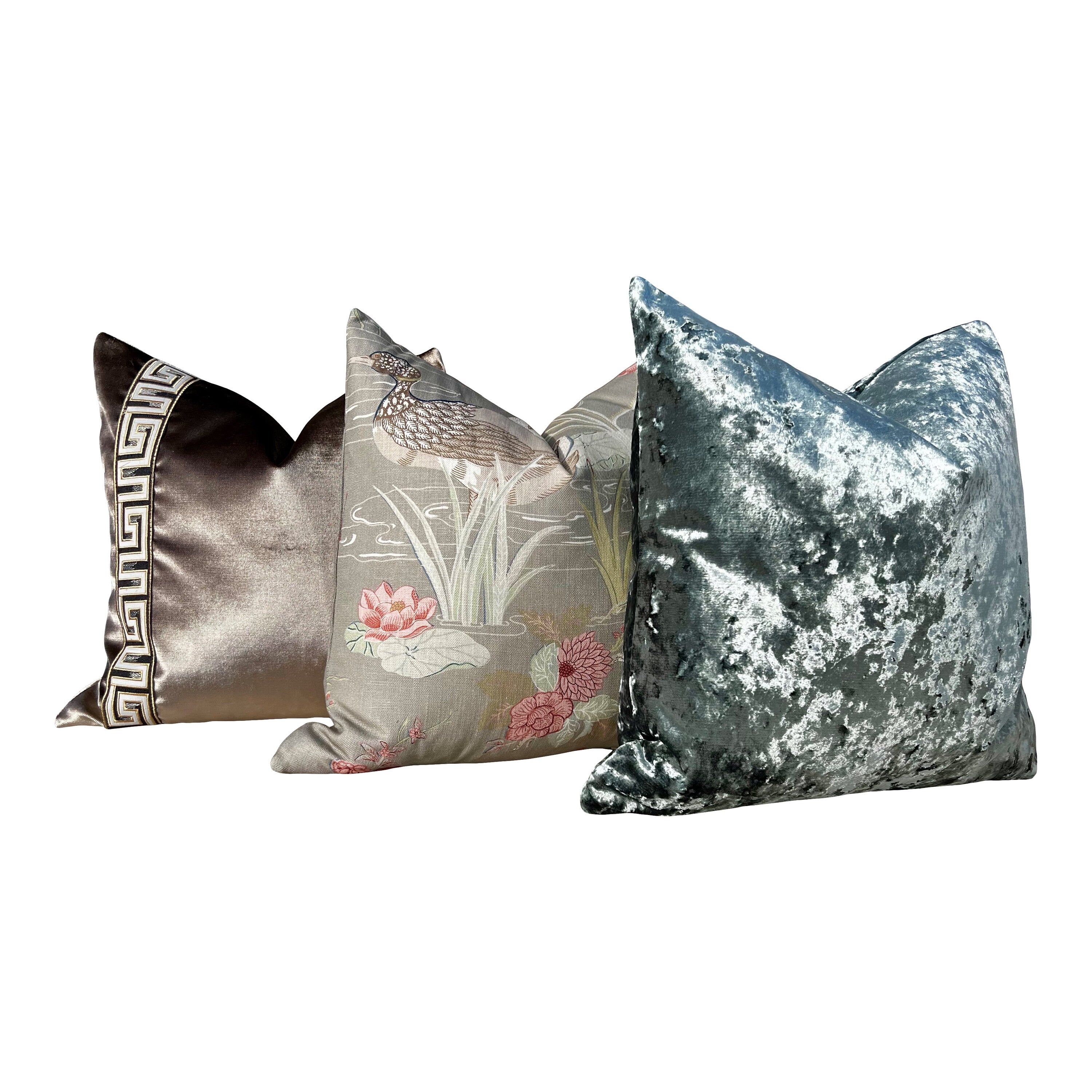 Lee Jofa Luzon Pillow in Fawn. Linen Taupe Pillows Designer Exotic Floral Pillows Luxury Botanical Pillow High End Aqua Green Coral Cushion