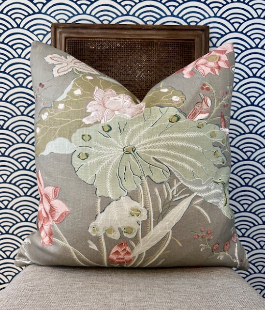 Lee Jofa Luzon Pillow in Fawn. Linen Taupe Pillows Designer Exotic Floral Pillows Luxury Botanical Pillow High End Aqua Green Coral Cushion