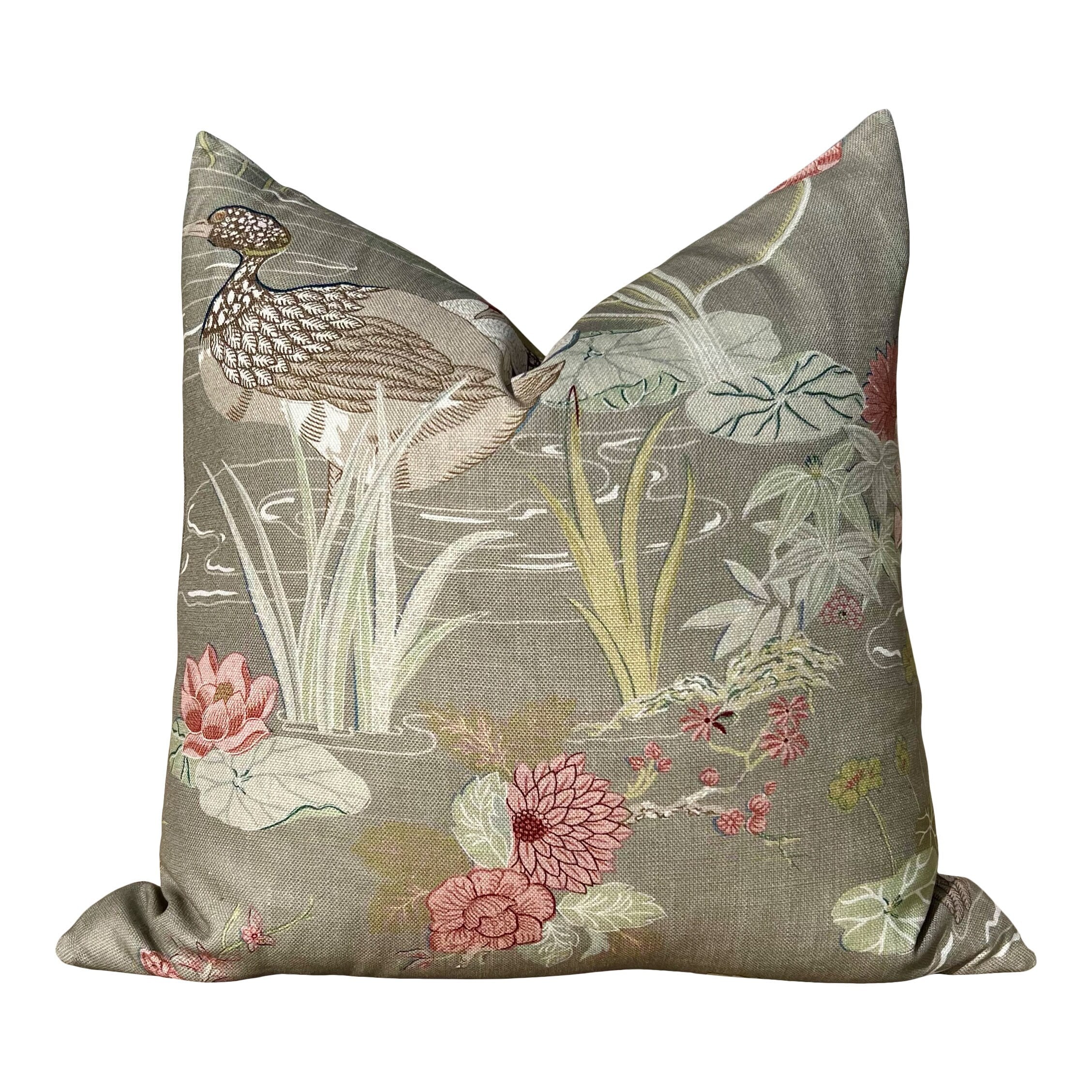Lee Jofa Luzon Pillow in Fawn. Linen Taupe Pillow Designer Exotic Bird Pillows, Luxury Botanical Pillow, euro Sham Linen Cover 26x26 Coral