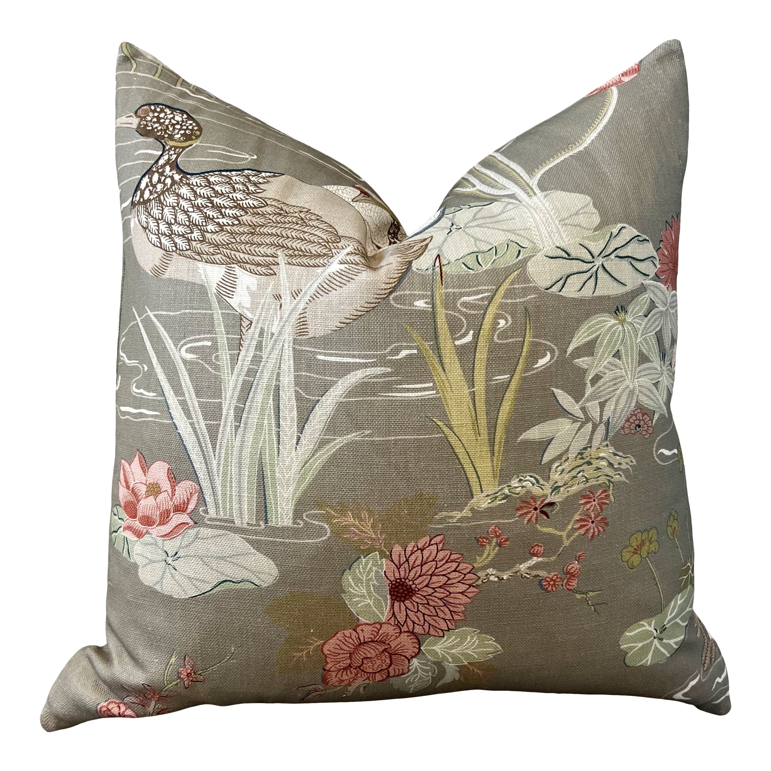 Lee Jofa Luzon Pillow in Fawn. Linen Taupe Pillow Designer Exotic Bird Pillows, Luxury Botanical Pillow, euro Sham Linen Cover 26x26 Coral