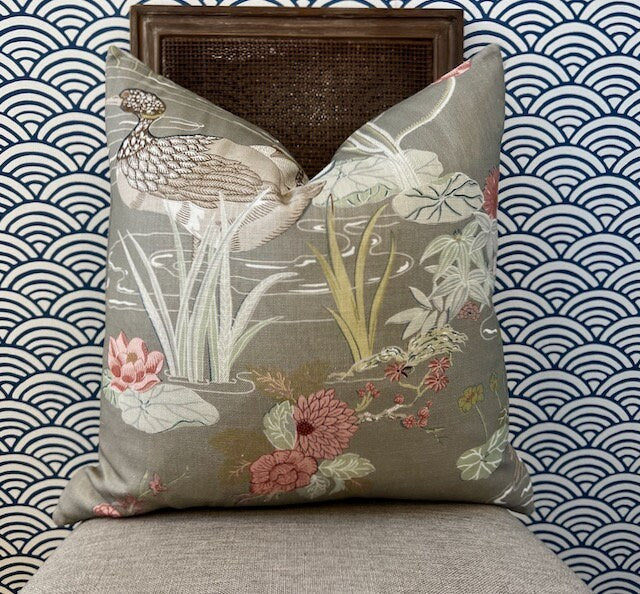 Lee Jofa Luzon Pillow in Fawn. Linen Taupe Pillow Designer Exotic Bird Pillows, Luxury Botanical Pillow, euro Sham Linen Cover 26x26 Coral