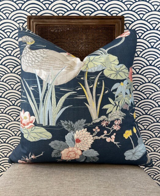 Lee Jofa Luzon Pillow in Sapphire. Linen Blue Pillow Designer Exotic Bird Pillows, Luxury Botanical Pillow, euro Sham Linen Cover 26x26