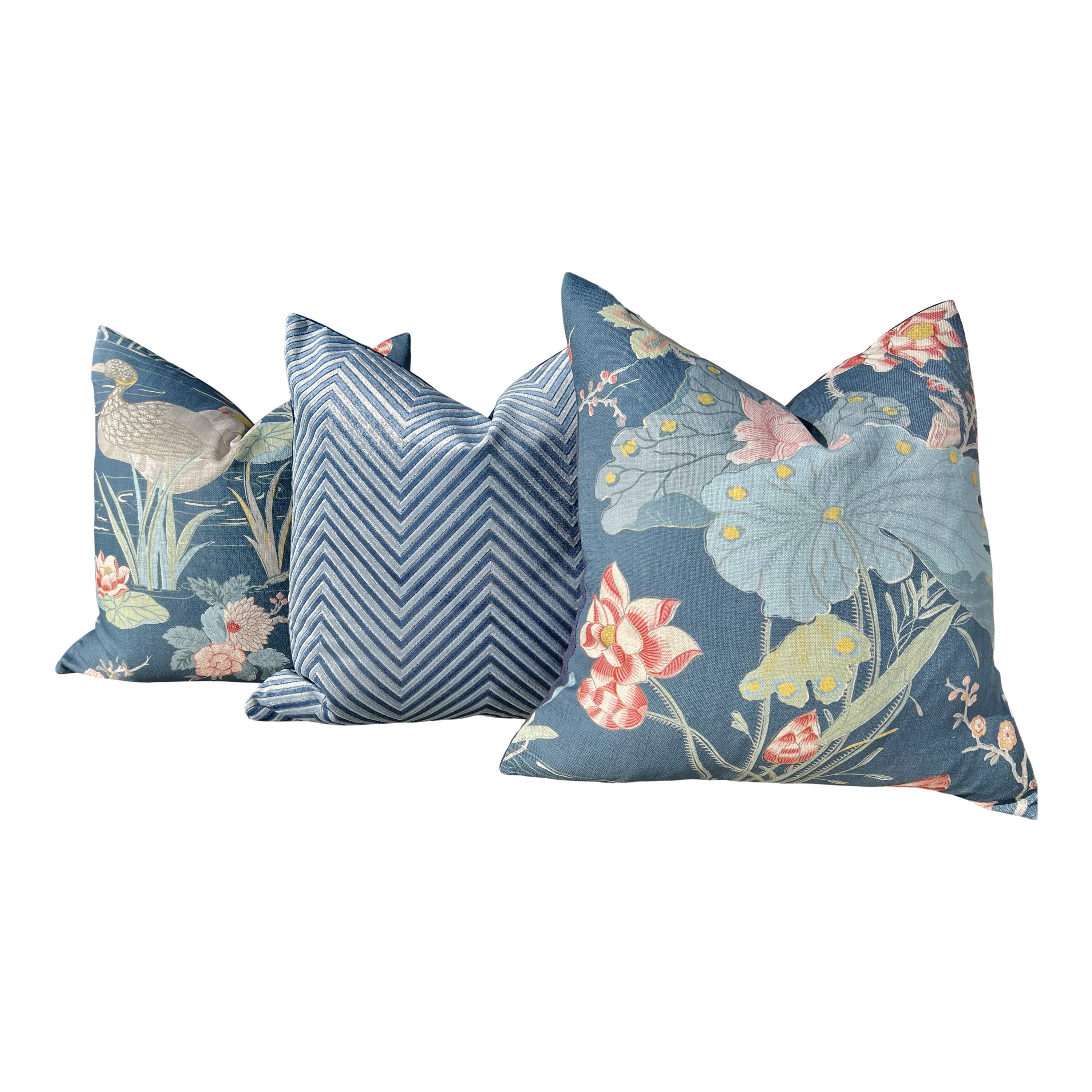 Lee Jofa Luzon Pillow in Sapphire. Linen Blue Pillow Designer Exotic Bird Pillows, Luxury Botanical Pillow, euro Sham Linen Cover 26x26