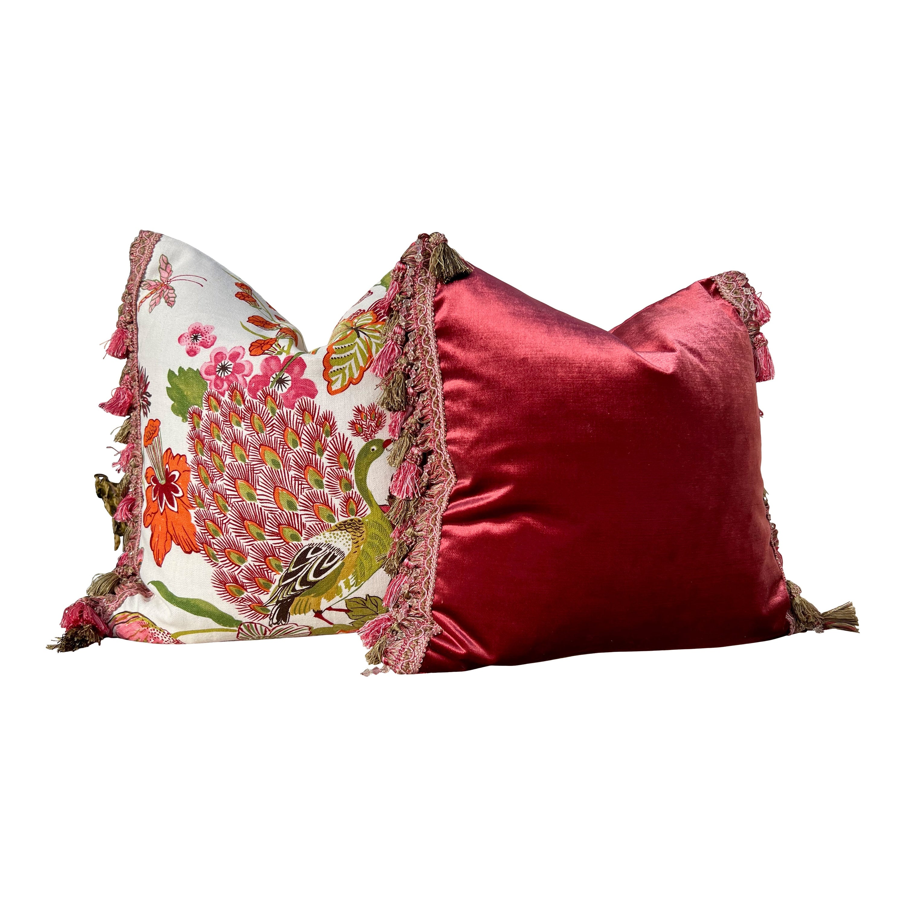 Designer Velvet Pillow in Ruby Red Color with Tassel Trim. Designer Velvet Pillows, High End Pillows, Navy Accent Lumbar Pillow Velvet Sham