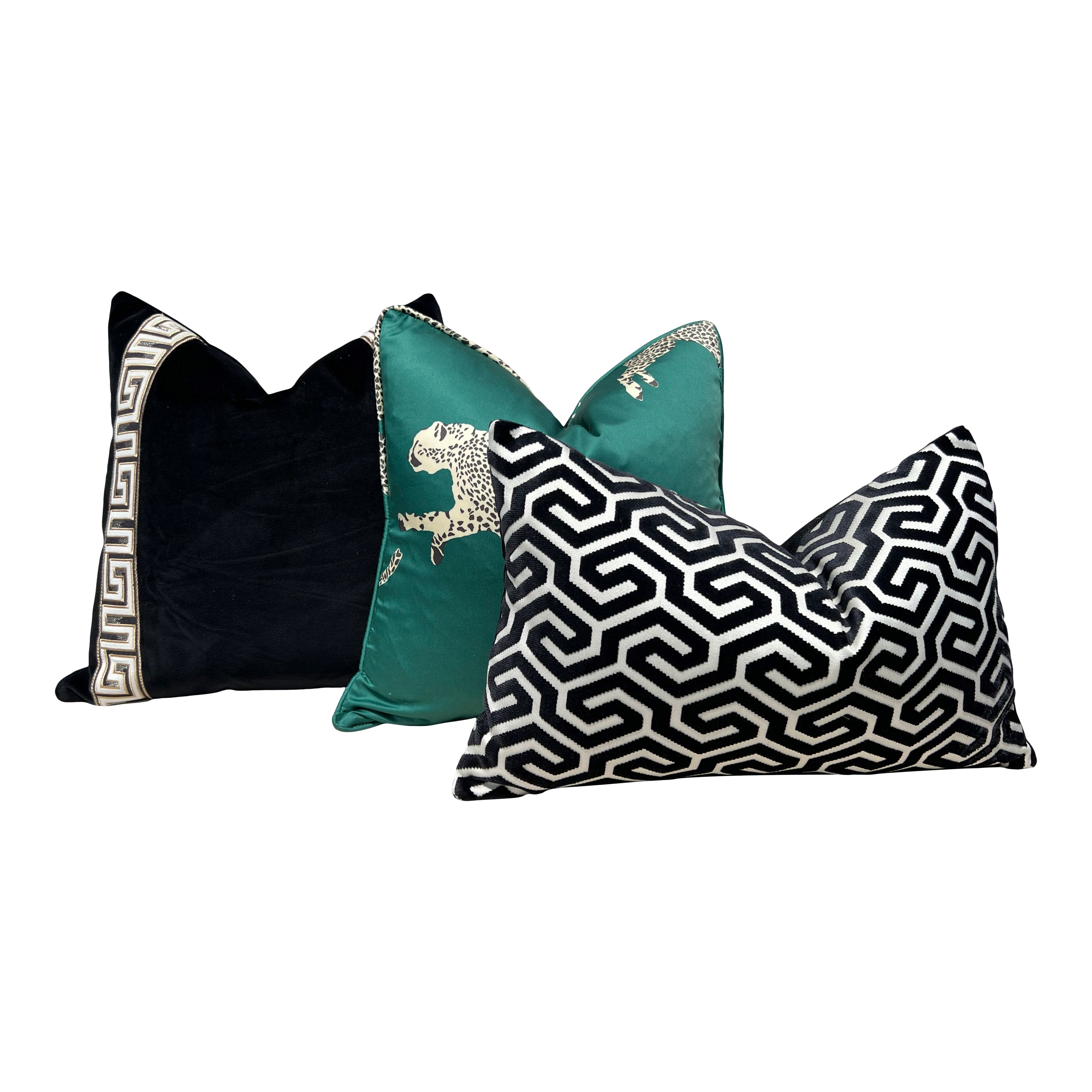 Scalamandre Leaping Cheetah pillow in Evergreen.